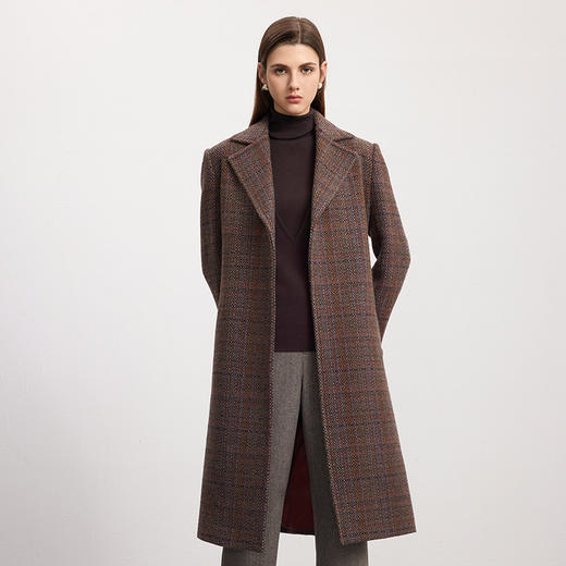 【中长款格纹大衣】24年秋冬新品女士羊毛羊驼毛混纺大衣腰带收腰外套 商品图0