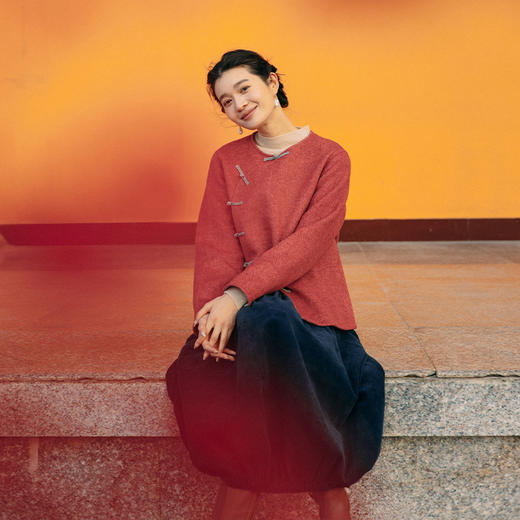 绽放058朵/羊毛花纱人字纹双面呢新中式斜门襟撞色手工盘扣外套 商品图3