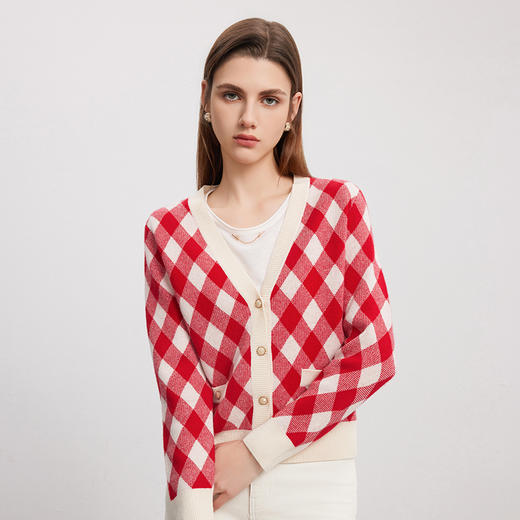 【菱形格纹V领开衫】羊绒世家秋冬新品100%山羊绒衫红白撞色针织外套 商品图2