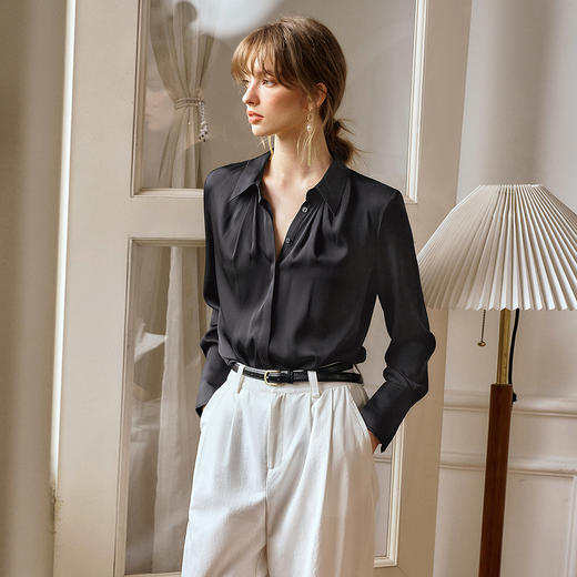OLrain欧芮儿黑色长袖衬衫女春季2025年新款通勤知性缎面气质衬衣 商品图2