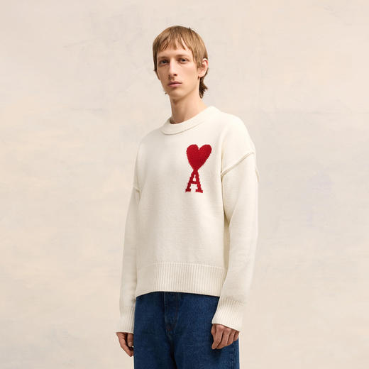 AMI 男士徽标提花经典美利奴羊毛针织衫 米色 BFUKS006 018 154 商品图2