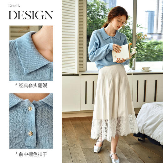 OLrain欧芮儿蓝色针织衫女春季2025年新款温柔风通勤翻领套头衫 商品图2