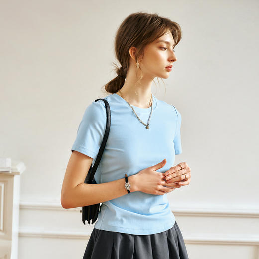 OLrain欧芮儿蓝色短袖T恤女春季2025年新款简约百搭气质圆领上衣 商品图3