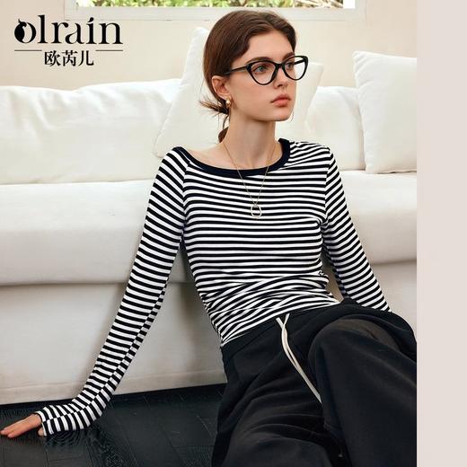 OLrain欧芮儿条纹长袖T恤女春季2025年新款小众设计感斜肩上衣 商品图0