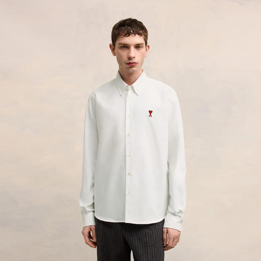 AMI 男士徽标刺绣棉质纽扣长袖衬衫 白色 BFUSH063 CO0031 168 商品图1