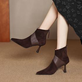 【预售5天】巨好看~显瘦气质真皮羊翻皮短靴女单靴细高跟小个子拼色尖头秋冬SLLK&sl-7815