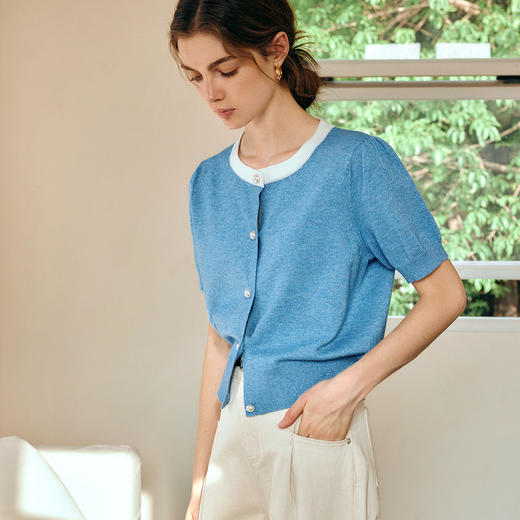 OLrain欧芮儿蓝色针织衫女春季2025年新款简约通勤宽松短袖开衫 商品图3