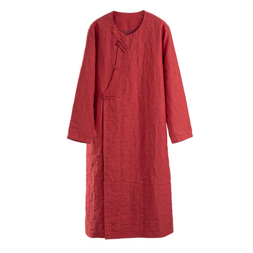 绽放014朵/年服圆领手工盘扣新中式亚麻色织斜门襟红色绗棉连衣裙 商品图4