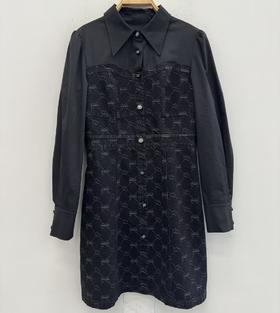 Z1翻领满印拼接连衣中裙40810（黑） 秋季 243110180321