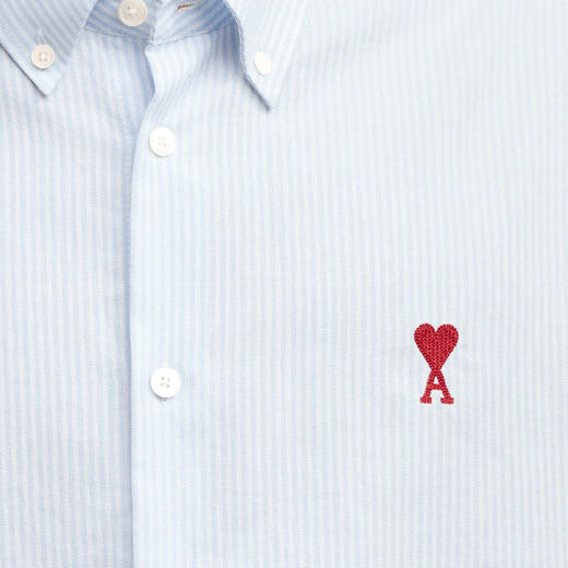 AMI 男士徽标刺绣条纹棉质牛津纽扣长袖衬衫 浅蓝色 BFUSH063 CO0087 475 商品图3