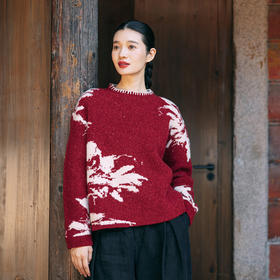 绽放旅行女装026朵/冬季羊毛卷年服凤凰花提花手工包边绣套头毛衣