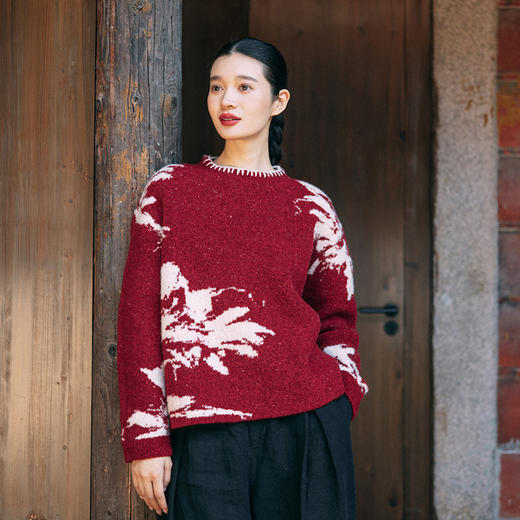 绽放旅行女装026朵/冬季羊毛卷年服凤凰花提花手工包边绣套头毛衣 商品图0