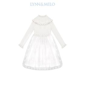 【春上新】【3折】8楼琳麦罗 LYNNMILO白色毛织提花拼网纱木耳领长袖连衣裙  吊牌价：1175元  活动价：352元