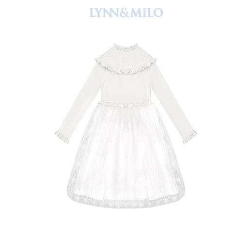 【春上新】【3折】8楼琳麦罗 LYNNMILO白色毛织提花拼网纱木耳领长袖连衣裙  吊牌价：1175元  活动价：352元 商品图0