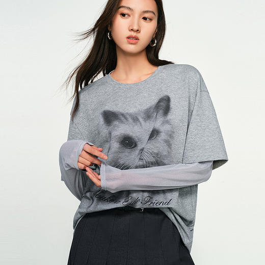 NEELLY纳俪商场同款春季新款圆领假两件长袖T恤女趣味显瘦上衣N25011T01011 商品图2