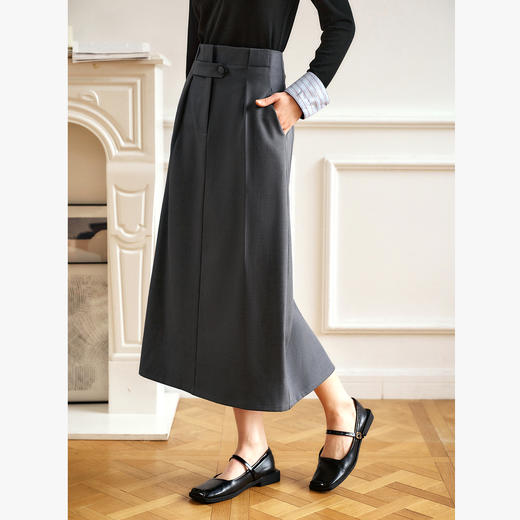 OLrain欧芮儿灰色高腰半身裙女春季2025年新款通勤压褶高级感半裙 商品图0