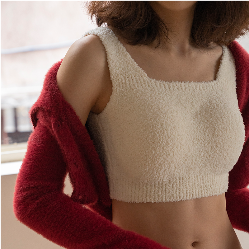 靴下物秋冬内衣女纯色毛绒小背心外穿内搭舒适保暖一体免穿文胸罩