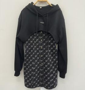 Z1套头卫衣拼满印吊带连衣裙套装40810（黑） 秋季 243110160321