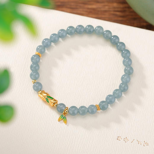 【清潭翠竹】S925银镀金蓝水翡翠竹节竹叶圆珠手串【CW-SL11725-6】 商品图1
