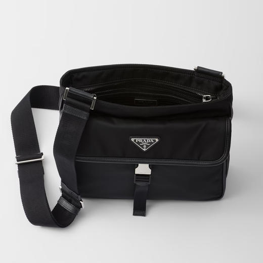 PRADA 普拉达 男士珐琅金属三角形徽标Re-Nylon 和 Saffiano 皮革单肩包 黑色 2VH119 2DMH F0002 XOO 商品图3