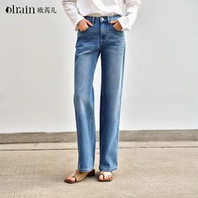 OLrain欧芮儿蓝色直筒牛仔裤女春季2025年新款高腰洗水休闲长裤