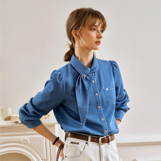 OLrain欧芮儿法式牛仔衬衫女春季2025年新款设计感减龄长袖衬衣 商品图0