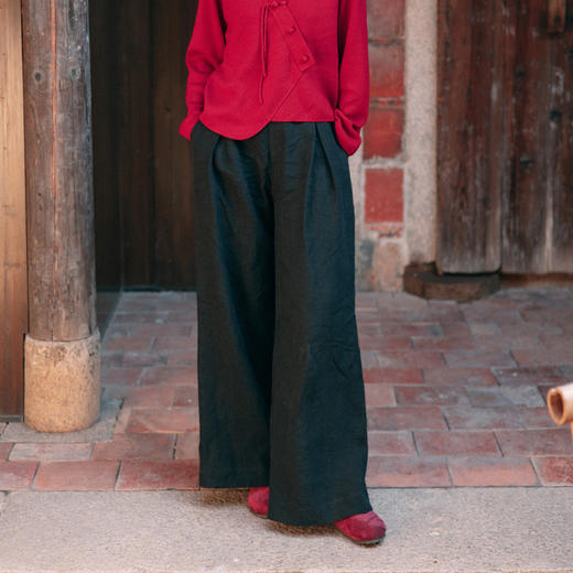 绽放旅行女装021朵/冬季5*5皱重磅砂洗亚麻松紧腰直筒休闲长裤 商品图0