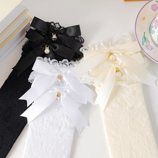 【买一送一！】珍珠蝴蝶结公主袜 网眼透气高筒袜 儿童袜子薄款小腿袜 女童夏蕾丝袜-QQ 商品图2