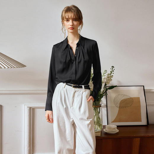 OLrain欧芮儿黑色长袖衬衫女春季2025年新款通勤知性缎面气质衬衣 商品图0