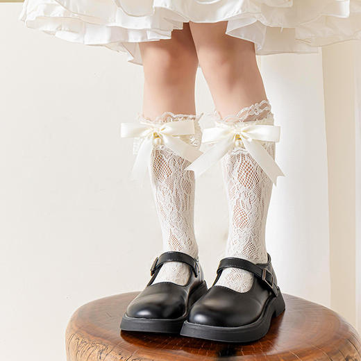 【买一送一！】珍珠蝴蝶结公主袜 网眼透气高筒袜 儿童袜子薄款小腿袜 女童夏蕾丝袜-QQ 商品图6