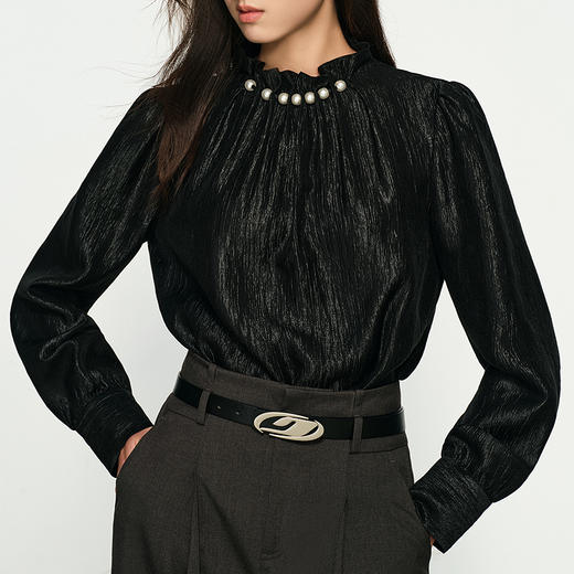 NEELLY纳俪商场同款春新款高级感黑色珠光长袖衬衫女通勤宽松上衣N25011R01017 商品图2