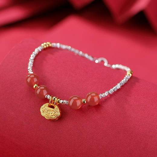 【长命富贵】S925银镀金红玛瑙圆珠分色碎银长命锁牌手链【CW-SL11735-5】 商品图2