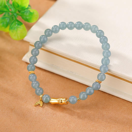 【清潭翠竹】S925银镀金蓝水翡翠竹节竹叶圆珠手串【CW-SL11725-6】 商品图2