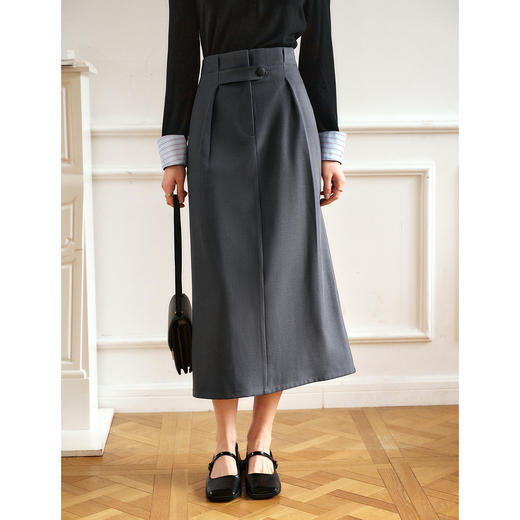 OLrain欧芮儿灰色高腰半身裙女春季2025年新款通勤压褶高级感半裙 商品图3