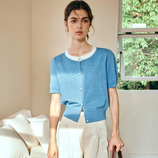OLrain欧芮儿蓝色针织衫女春季2025年新款简约通勤宽松短袖开衫 商品图4