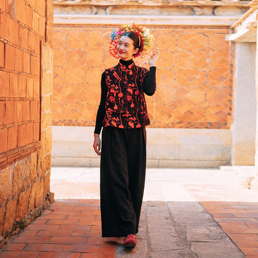 绽放旅行女装021朵/冬季5*5皱重磅砂洗亚麻松紧腰直筒休闲长裤 商品图2