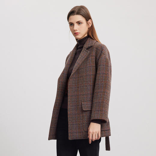 【系带收腰羊毛羊驼大衣】24年秋冬新品女士经典格子毛呢保暖外套 商品图3