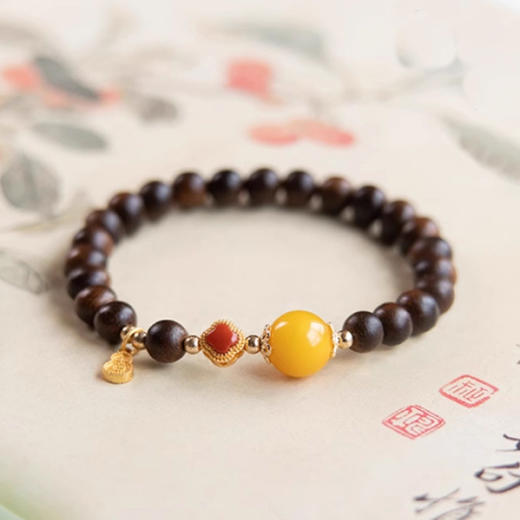 福运绵长天然沉香木转运珠手串6mm  奇楠木多宝手串吉祥琥珀蜜蜡手链带证书 商品图2