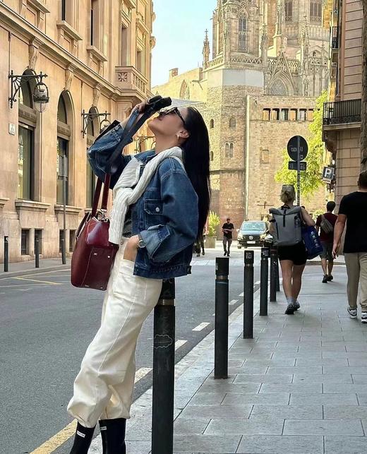 顺丰包邮洛诗琳40606设计感复古翻领磨白条纹破洞短款牛仔外套112 商品图2