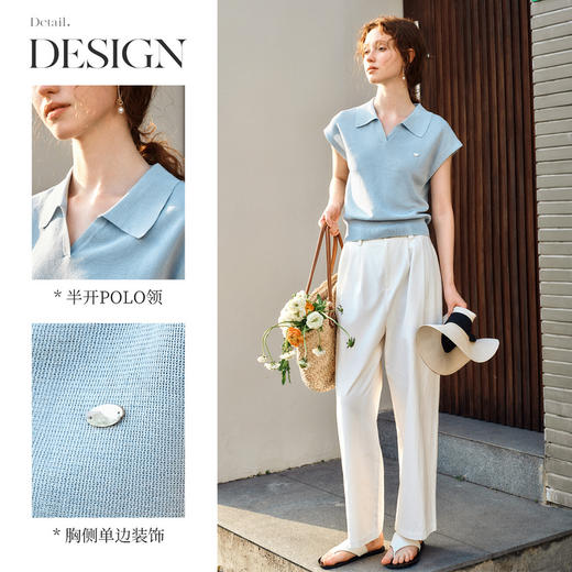 OLrain欧芮儿蓝色POLO领针织衫春季2025年新款通勤小盖袖套头衫 商品图1