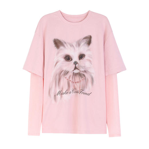 NEELLY纳俪商场同款春季新款圆领假两件长袖T恤女趣味显瘦上衣N25011T01011 商品图3