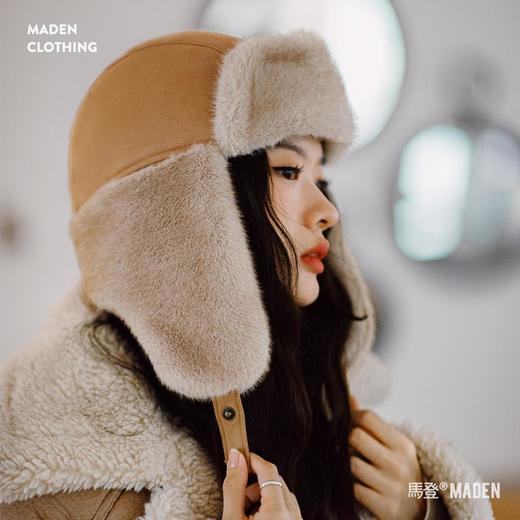 马登斯拉夫摩卡棕皮毛一体麂皮绒护耳帽仿貂绒防风加厚冬飞行帽女 商品图0