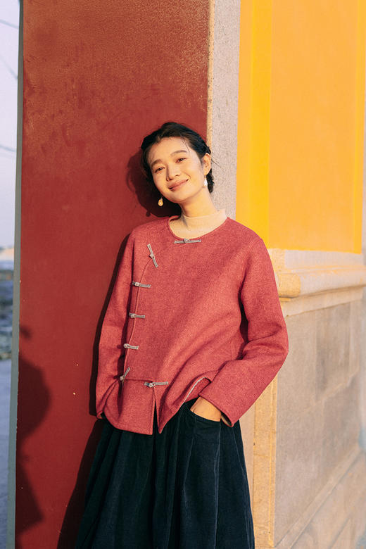 绽放058朵/羊毛花纱人字纹双面呢新中式斜门襟撞色手工盘扣外套 商品图5