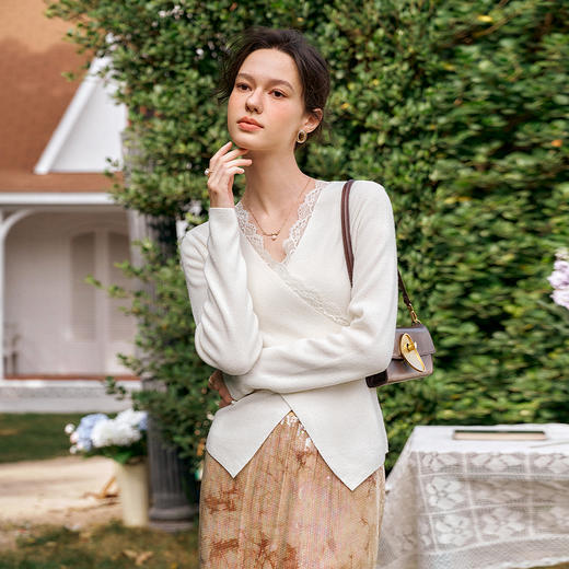 OLrain欧芮儿法式白色针织衫女春季2025年新款收腰拼接蕾丝套头衫 商品图4