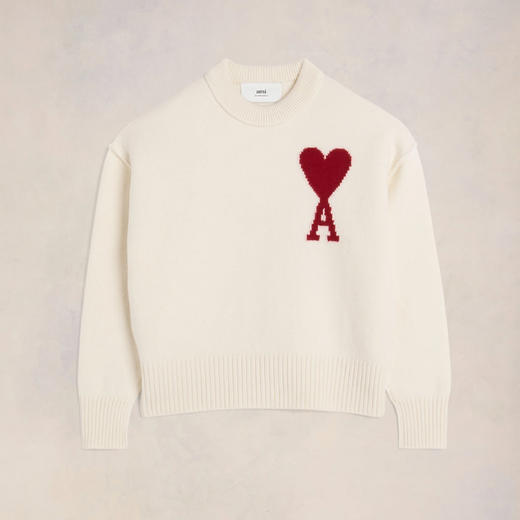 AMI 男士徽标提花经典美利奴羊毛针织衫 米色 BFUKS006 018 154 商品图0