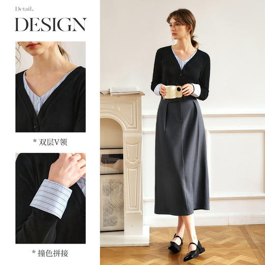 OLrain欧芮儿黑色V领T恤女春季2025年新款拼接假两件长袖上衣 商品图2