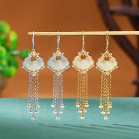 S925纯银镀金和田玉珍珠新中式吉祥如意流苏耳坠CW