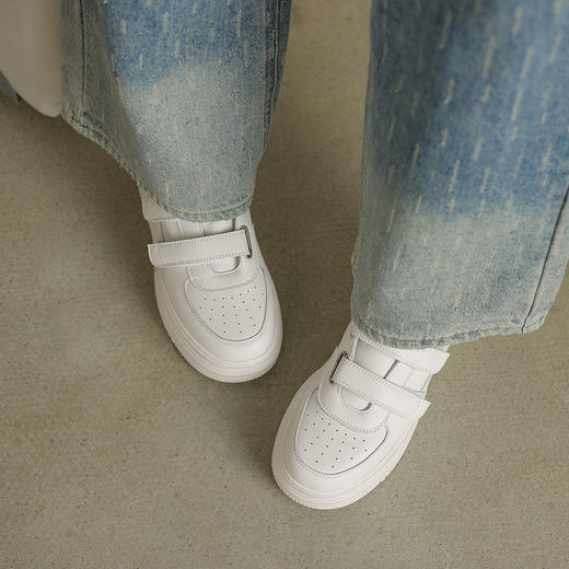 阿么手工女鞋厚底增高小白鞋女6CM百搭时尚魔术贴真皮休闲板鞋ins 商品图3