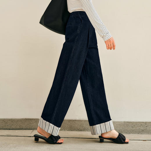 OLrain欧芮儿法式复古牛仔裤女冬季2024年新款时尚撞色翻边阔腿裤 商品图4