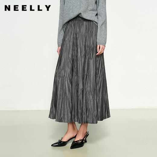 NEELLY纳俪商场同款春季新款百搭通勤简约百褶半身裙女气质长裙N25011E01030 商品图0